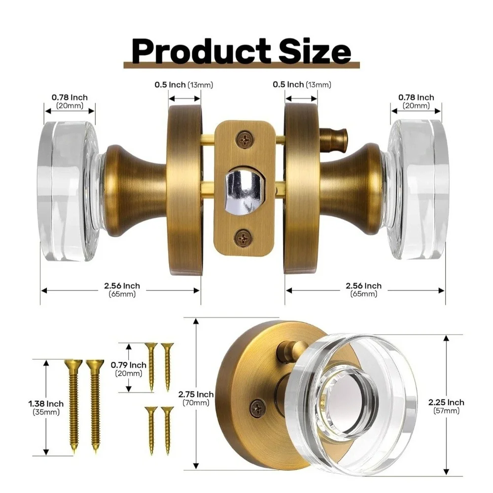 Glass Door Knobs Gold Door Knob Interior Satin Brass Privacy Door Knob for Be...